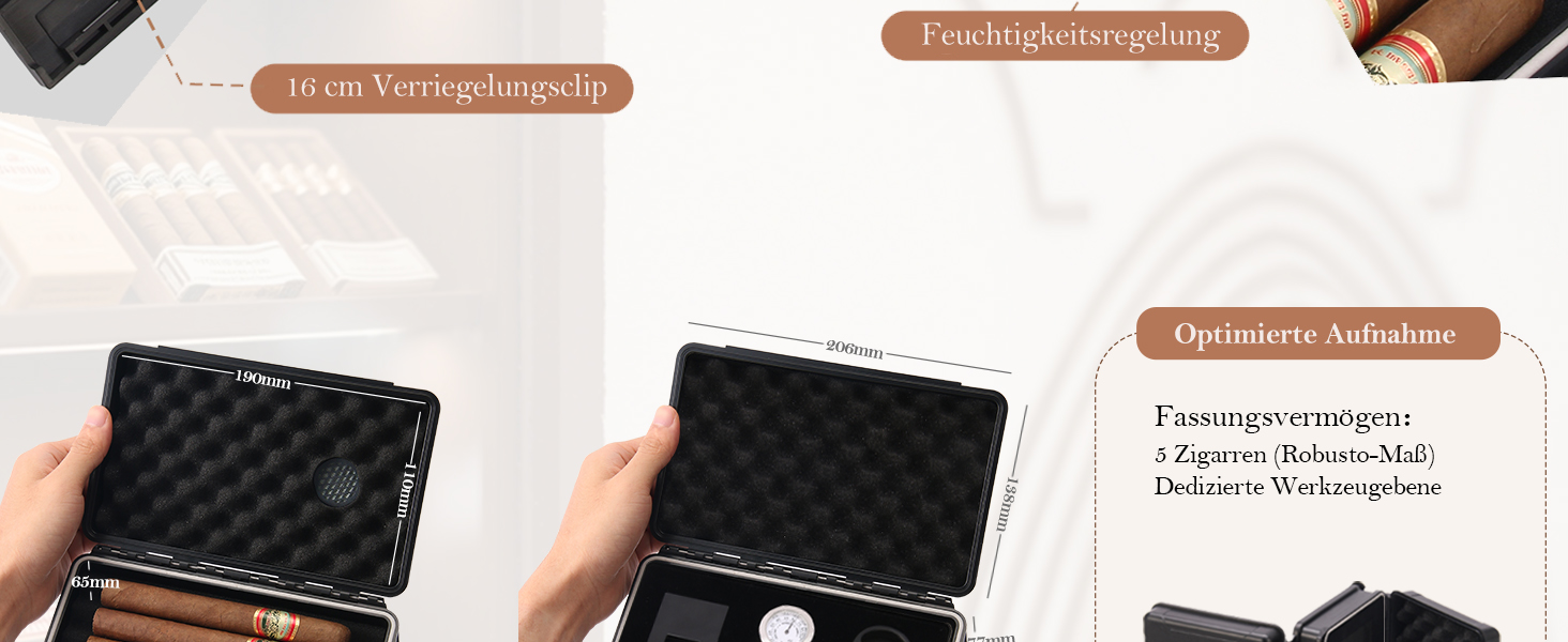 Портативний вологозберегаючий футляр для сигар на 5 сигар (50RG) з ножем, підставкою, гігрометром та зволожувачем, подарунковий набір для поціновувачів сигар (Чорний)