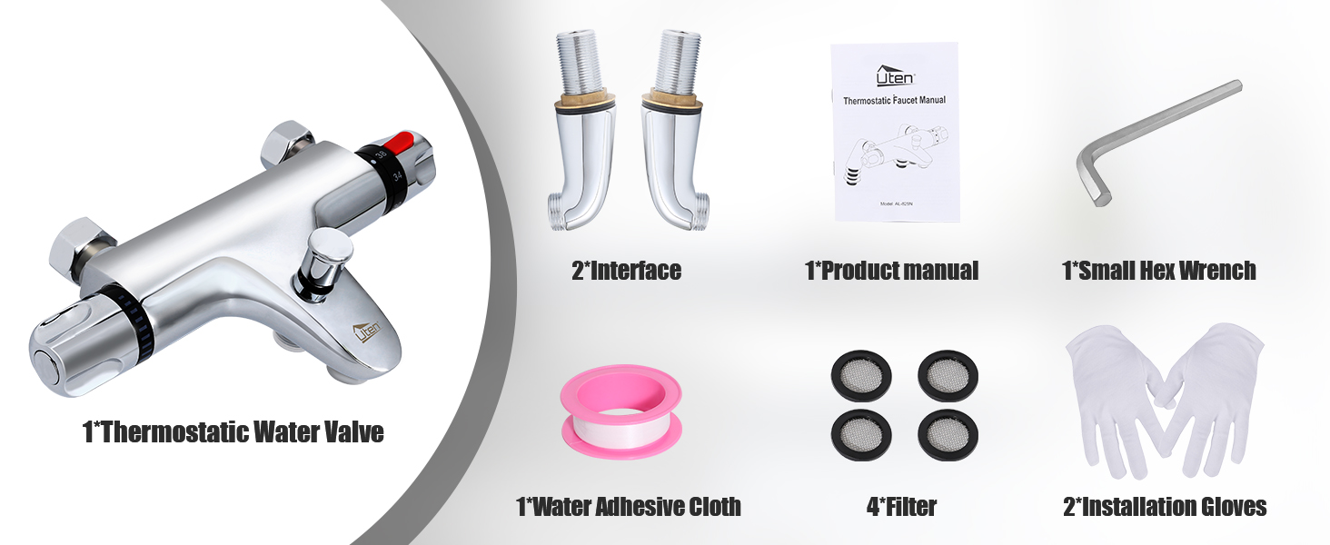 Змішувач для ванни з термостатом Uten, 2 виходи, латунь (срібло-1), захист 38°C