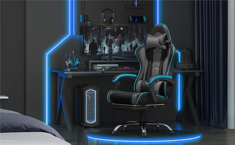 Ігровий крісло Yaheetech з масажем, регульованою спинкою 90-135°, з підніжкою. Білий (Чорний/Сірий)