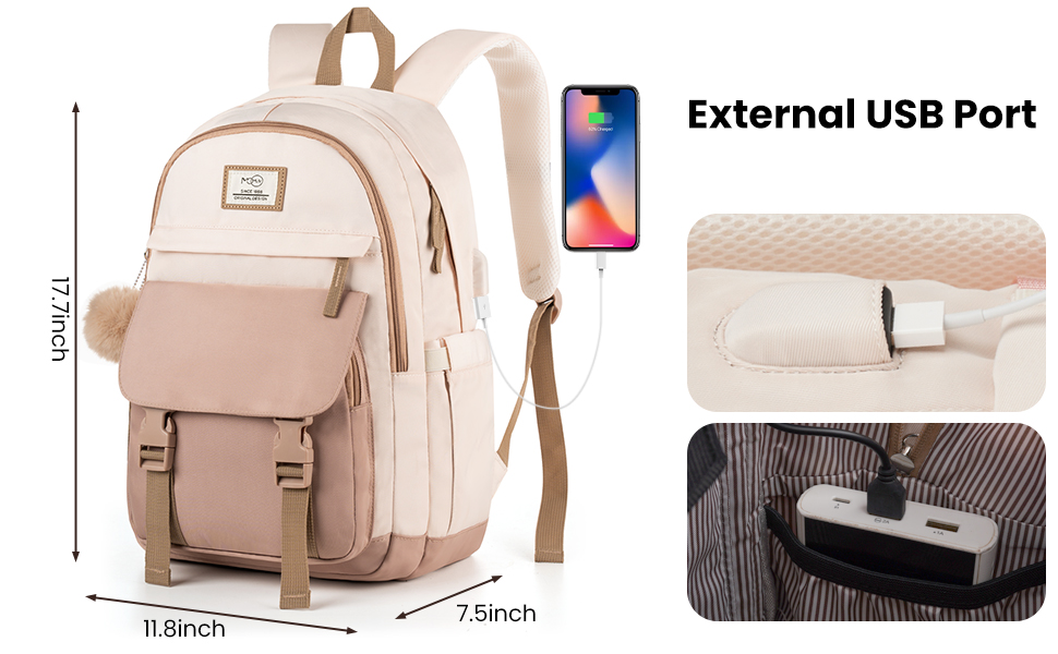 Жіночий шкільний рюкзак MOMUVO для підлітків та студенток, місткий рюкзак для ноутбука 17.3 дюймів, стильний міський рюкзак для коледжу (Чорний/Бежевий)