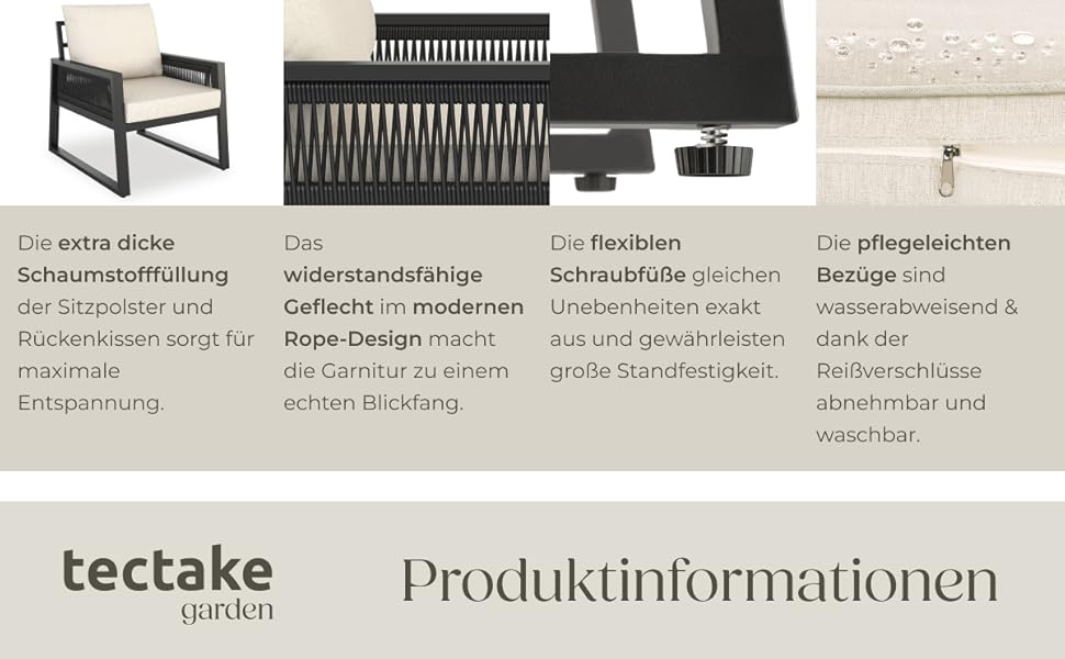 Набір садово-розкладних меблів tectake® Rope Design: 2 крісла, диван, стіл, подушки, для саду/балкону, 4 посадочні місця, вологостійкий, стиль 3