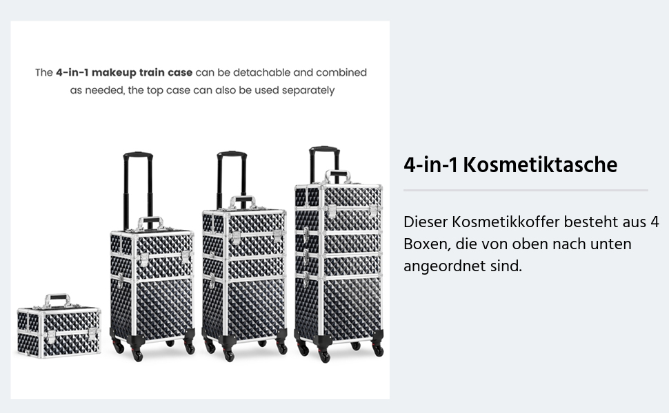 Ягетеч Косметичка-Тролі 4-в-1, Великий Косметичний Ящик для Макіяжу, Закривається на Замок, Багатофункціональний Ящик для Візажистів, Красота з Коліщатками та Висувною Шухлядою (Блискучий Чорний)
