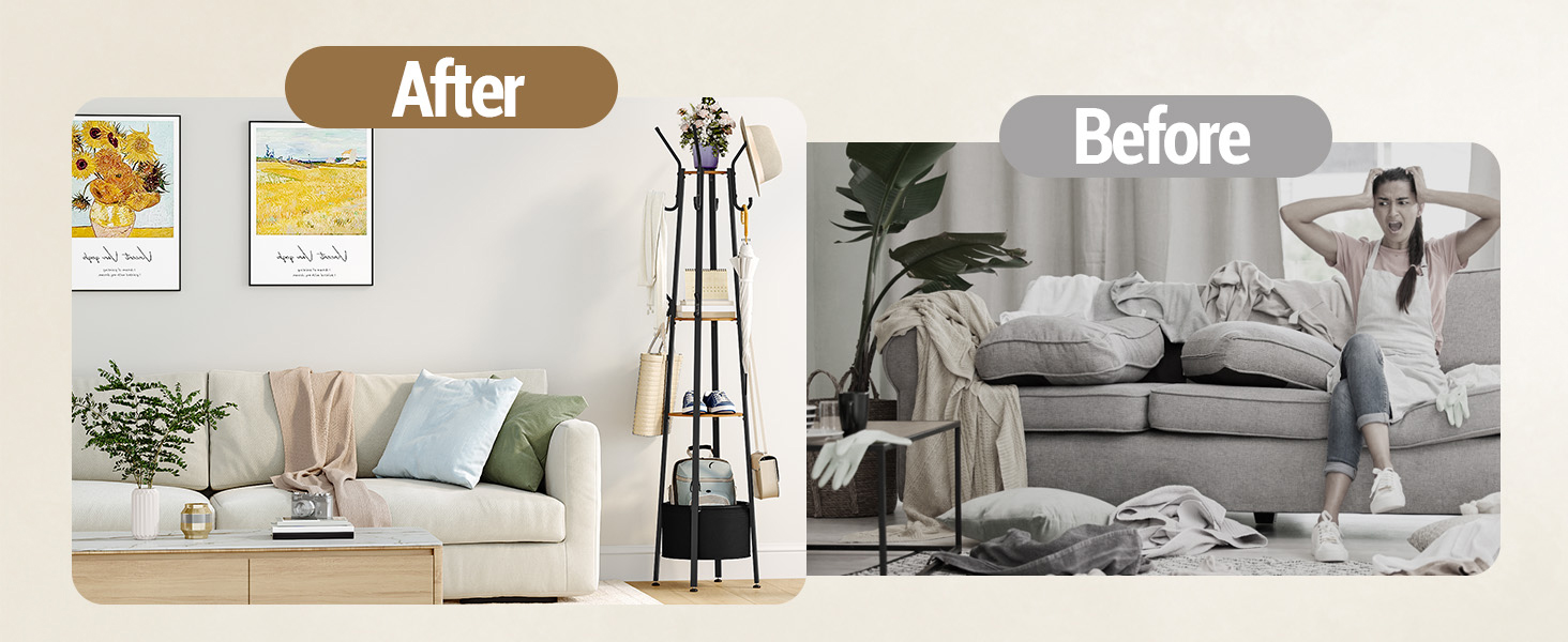 Вішалка для одягу Hzuaneri з великим кошиком для зберігання, 3 полиці, 16 гачків, 182,5 см, коричнево-чорна CR27301B