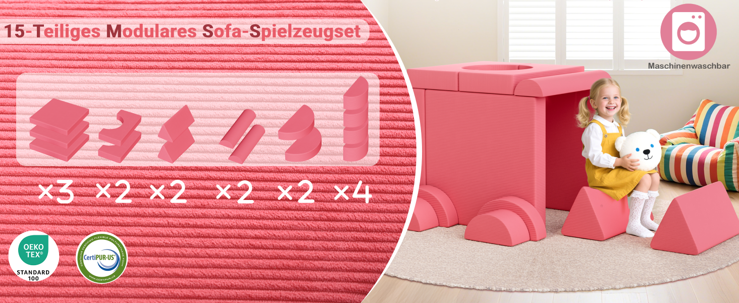 Дитяче ігрове крісло-диван, 15-ти частинний модульний, з сертифікацією Oeko-Tex® 100, з м'якого велюру (рожевий)