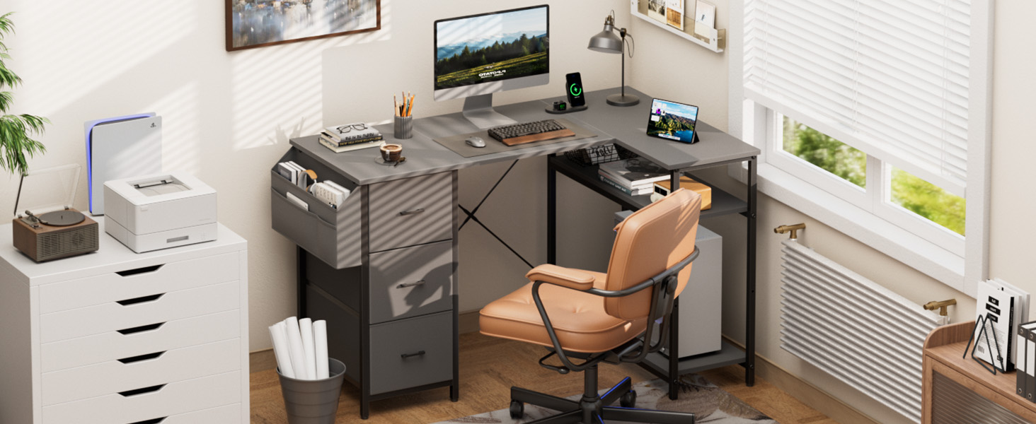 Комп'ютерний стіл HLONONE L-подібний з 3 ящиками для тканини, з полицями та бічною кишеню, для офісу, геймінгу та дому, білий (120 x 80 см, сірий)