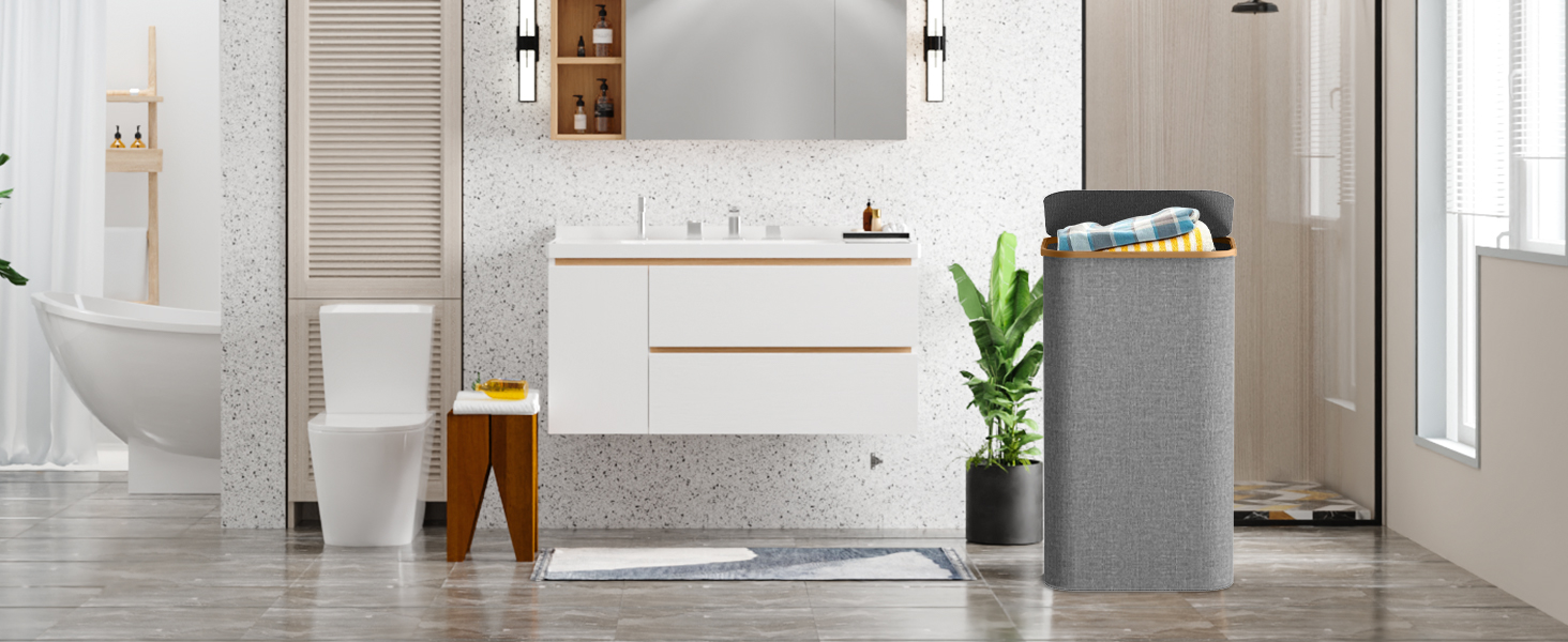 Кошик для білизни з кришкою 70л, вузький, з бамбуковими ручками та внутрішньою кишенею, складний, портативний, для пральні, йоги, темно-сірий 70л