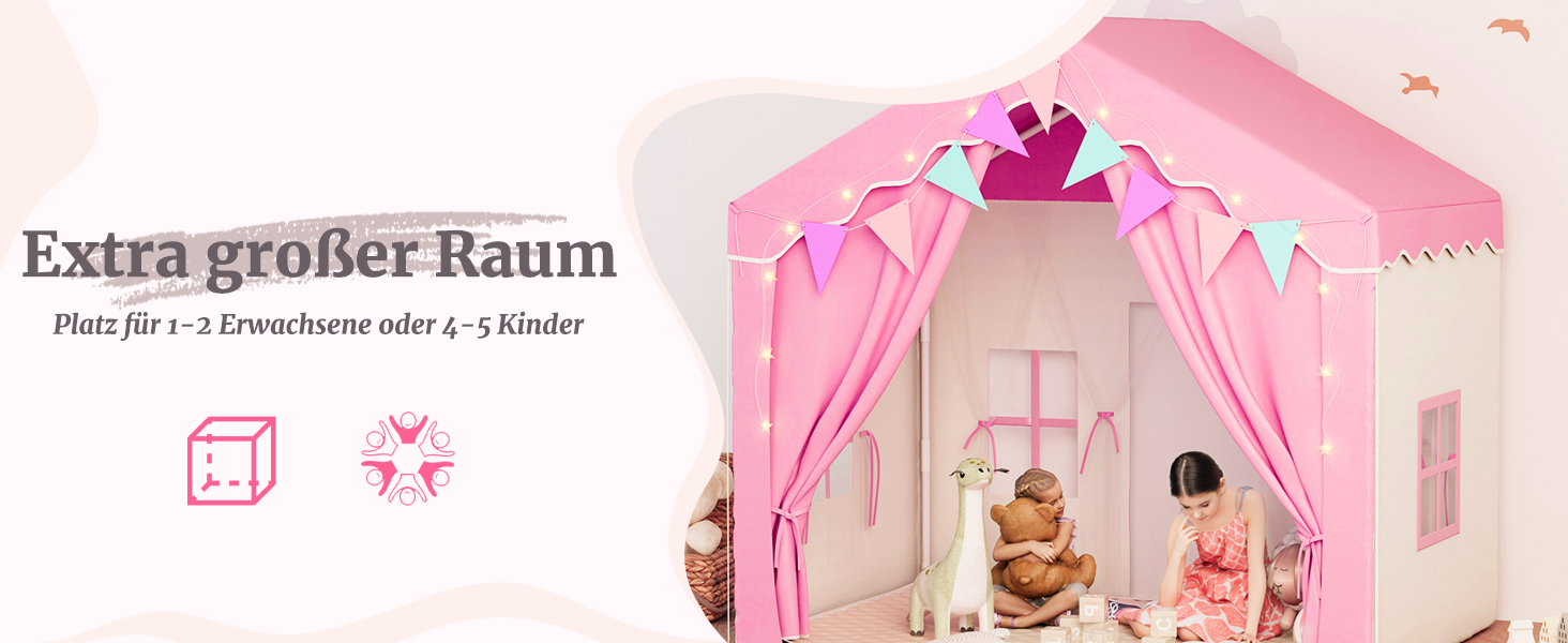 Дитяче намет-ігровий будиночок EROMMY 2-в-1 з килимком, прапорцями та світлодіодними смугами, з двома дверцятами, з даховим віконцем, для дому, 3+ роки (Рожевий)