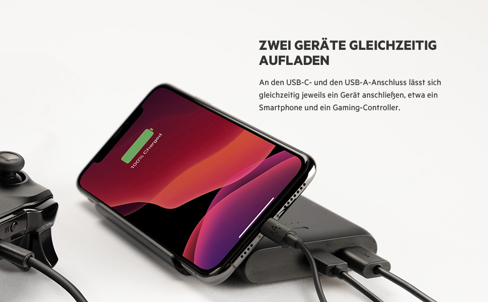 Ігровий повербанк Belkin Boost Charge 10K з підставкою, 2 порти USB-C/USB, швидка зарядка, Чорний