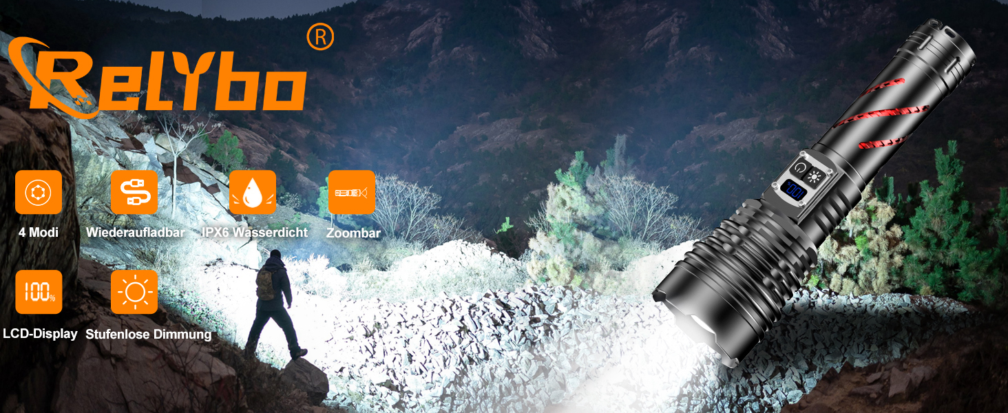 Потужний тактичний ліхтар Relybo LED, 1000000 Люмен, акумуляторний з USB-зарядкою, регулювання яскравості, водонепроникний для кемпінгу та екстрених ситуацій, чорний