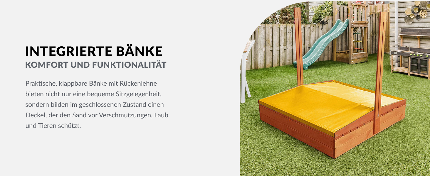 Пісочниця KOTARBAU® з кришкою, 120x120 см, дерево, сіра, з лавками