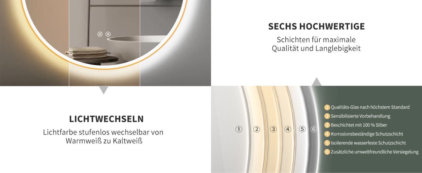 Дзеркало для ванної кімнати HOKO Design Riga діаметром 60 см з металевим каркасом. Кругле настінне дзеркало з енергозберігаючою LED-підсвіткою, сенсорним вимикачем, регулюванням кольору світла (тепле біле, холодне біле, нейтральне) (80x80 см, золото + антивміст)