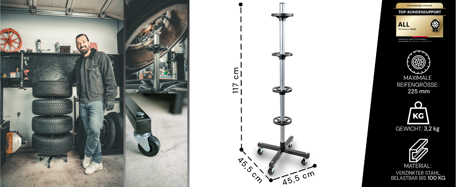 Підставка для шин Premium Felgenbaum для автошин до 150 кг - стійка для 4 шин, колісна стійка, колісна стійка для зберігання шин (чорний, 225 мм)