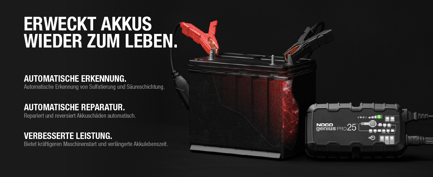 NOCO GENIUSPRO25: Професійне зарядне пристрій для акумуляторів 25A, 6V/12V/24V – Інтелектуальний зарядний пристрій, десульфатор та блок живлення з захистом від перевантаження та температурною компенсацією – Для свинцево-кислотних та літієвих акумуляторів