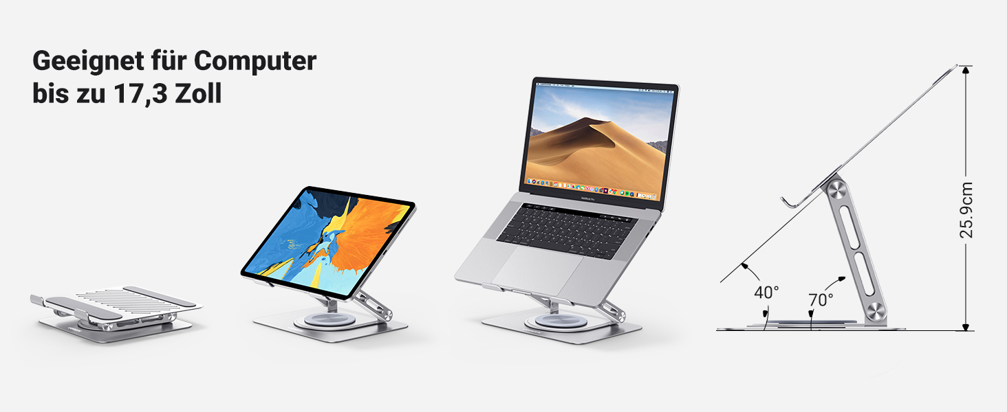 Підставка для ноутбука UGREEN 360° з регулюванням висоти, складна, сіра. Сумісна з MacBook, Air, Pro та ноутбуками 10-17.3