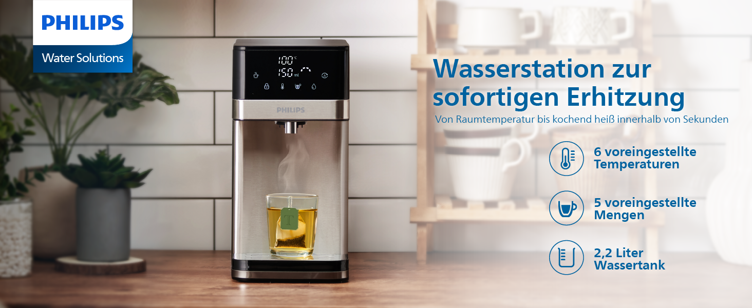 Фільтр для води Philips Water Station: диспенсер гарячої та холодної води з 6 режимами, сенсорним екраном, очищення від хлору, вапна, важких металів, мікропластику та PFAS, об'єм 2.2 л