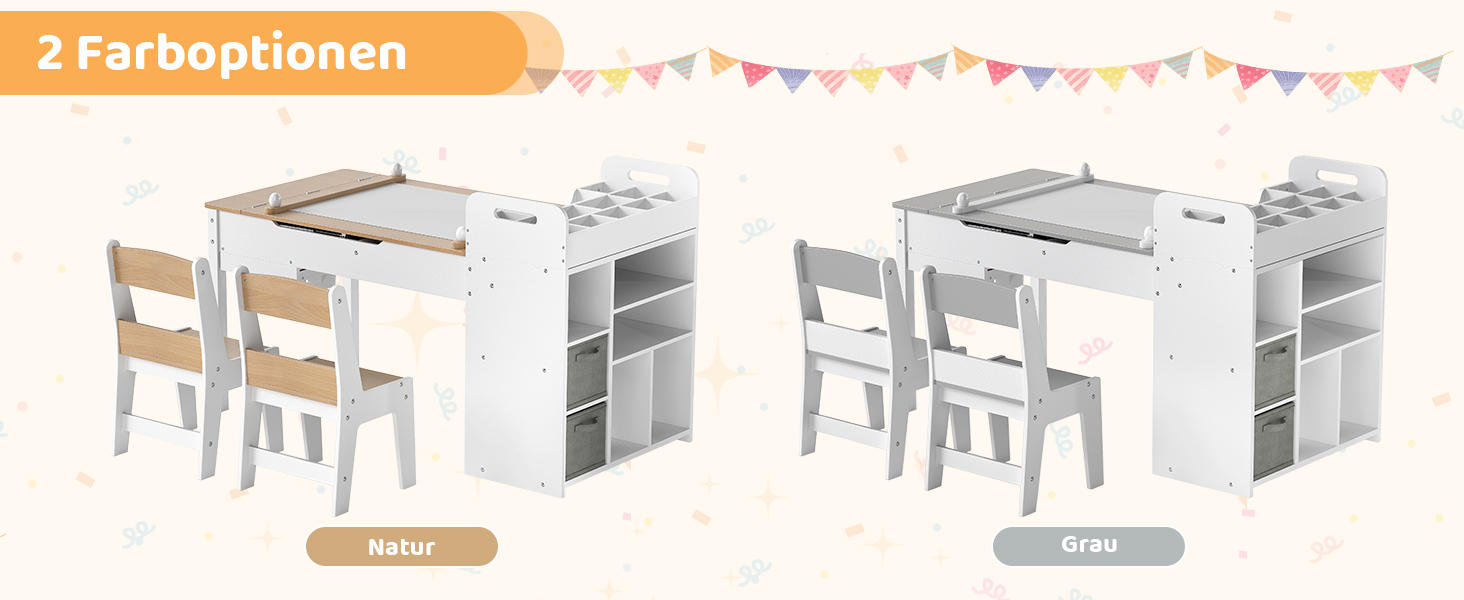 Дитячий стіл COSTWAY 3 в 1 з 2 стільцями: стіл для малювання, мольберт, місце для зберігання. Дерев'яний дитячий стіл-трансформер, 120 x 60 x 60 см (натуральний колір).