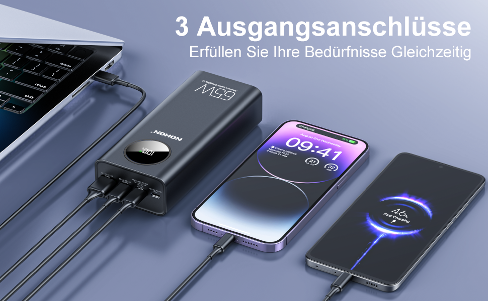 Power Bank NOHON 26800mAh: Швидка зарядка 65W USB-C PD/QC3.0 з LED дисплеєм, 4 порти, сумісний з iPhone, iPad, Samsung, Huawei