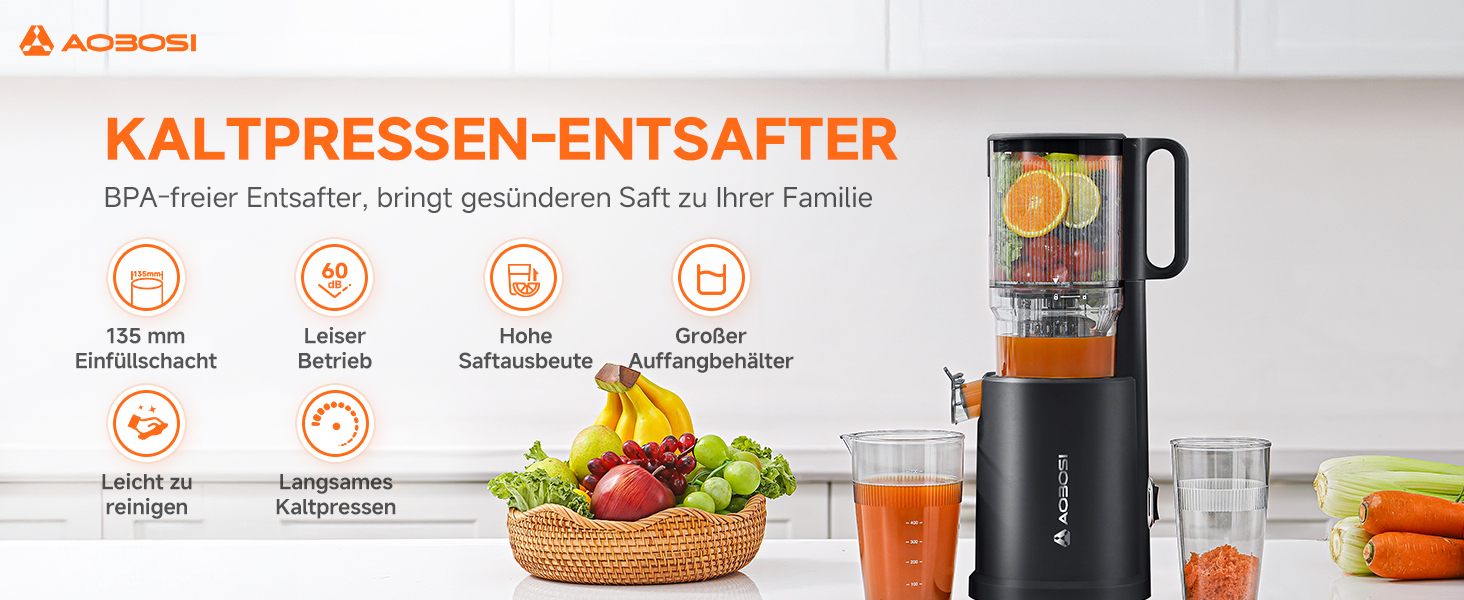 AOBOSI Повільнодіючий соковитискач з великою завантажувальною воронкою 135 мм, 200 Вт, холодний віджим, зворотний хід, потрійний фільтр, BPA-free, тихий, для свіжих соків з фруктів та овочів, чорний