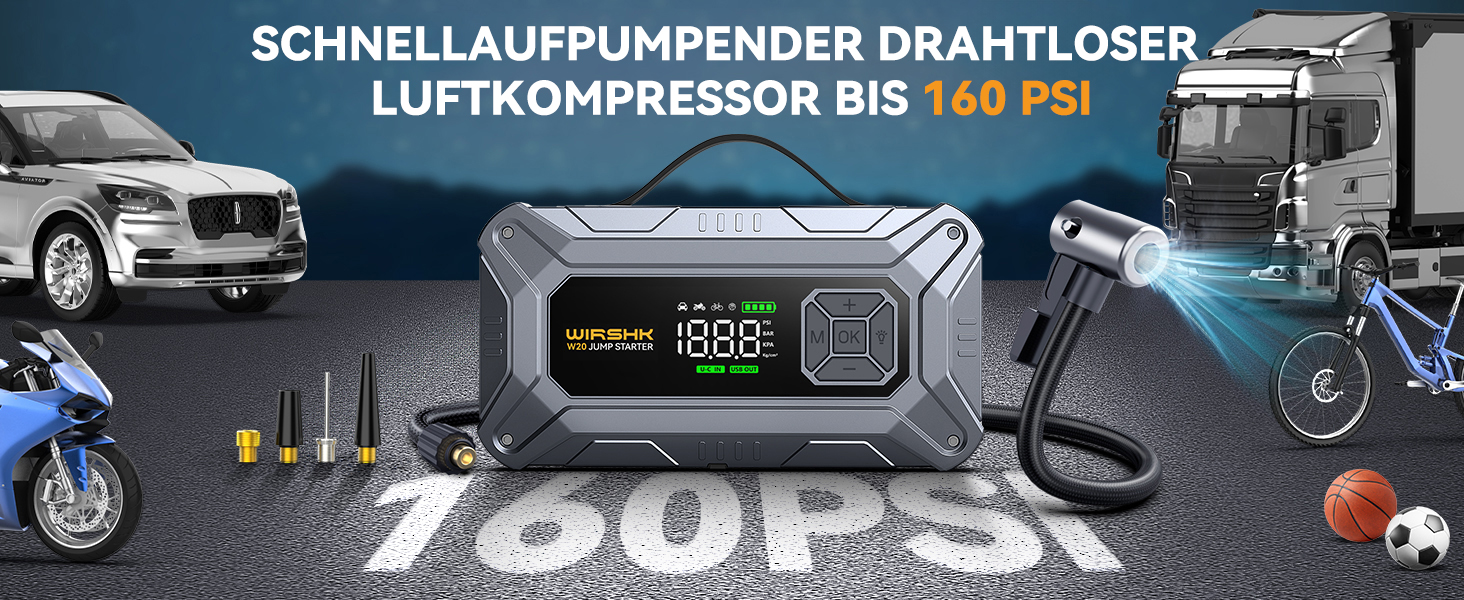 Портативний пусковий пристрій 8000A з повітряним компресором 160 PSI для бензинових та дизельних двигунів (до 10л), з дисплеєм та аварійною світлодіодною лампою