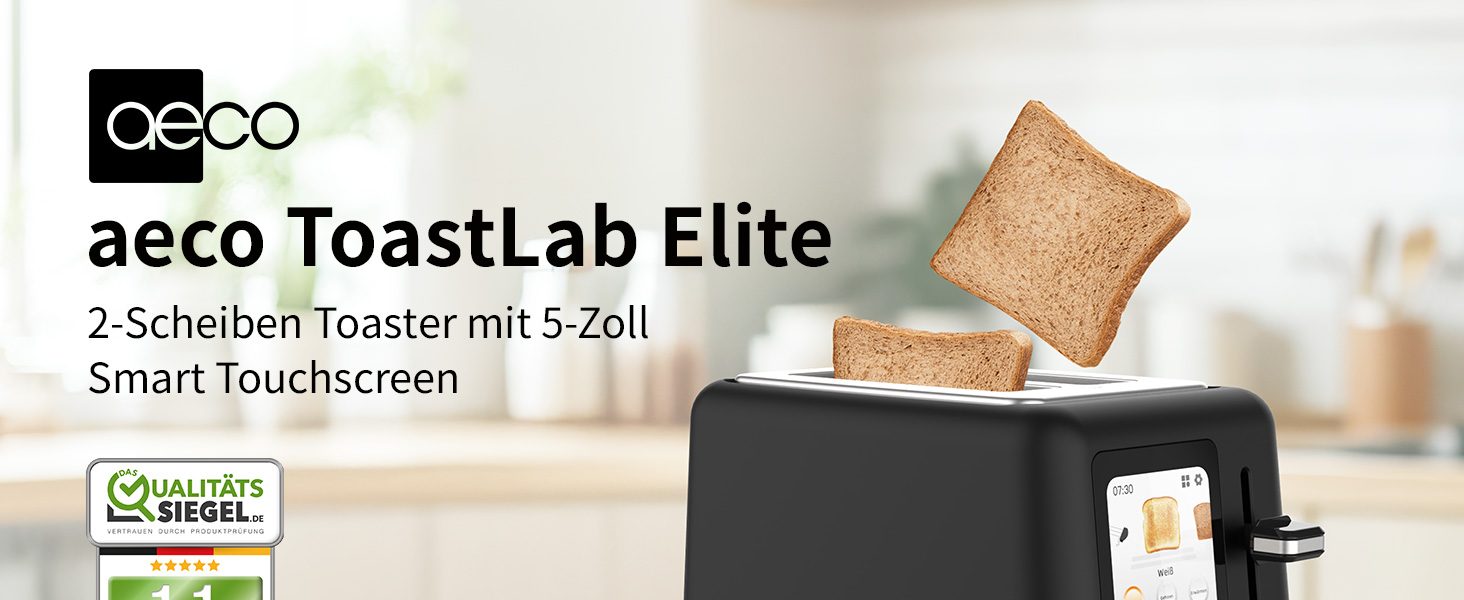 Тостер aeco toastlab Elite 2-слотовий з підставкою для булочок, широкі слоти, 6 рівнів підсмажування, 10 програм, 850W, LCD-дисплей, функція підняття, розморожування, піддон для крихт