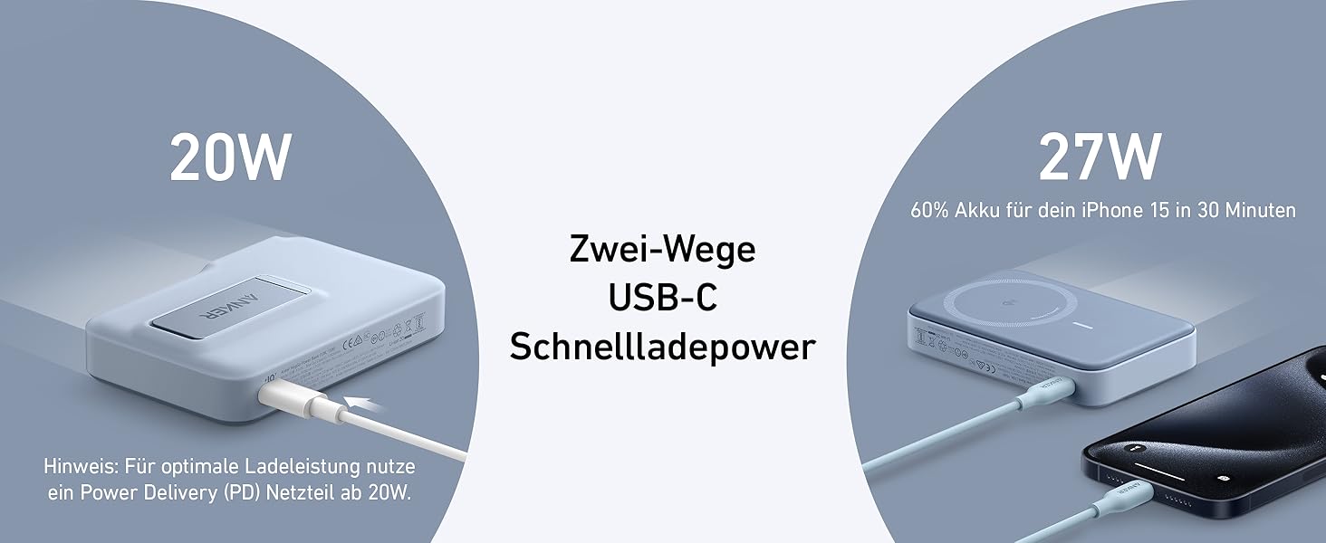 Вт MagSafe, 10 000 мАгод, дисплей і підставка, для iPhone 16/15/14/13, USB-C (синій), 15