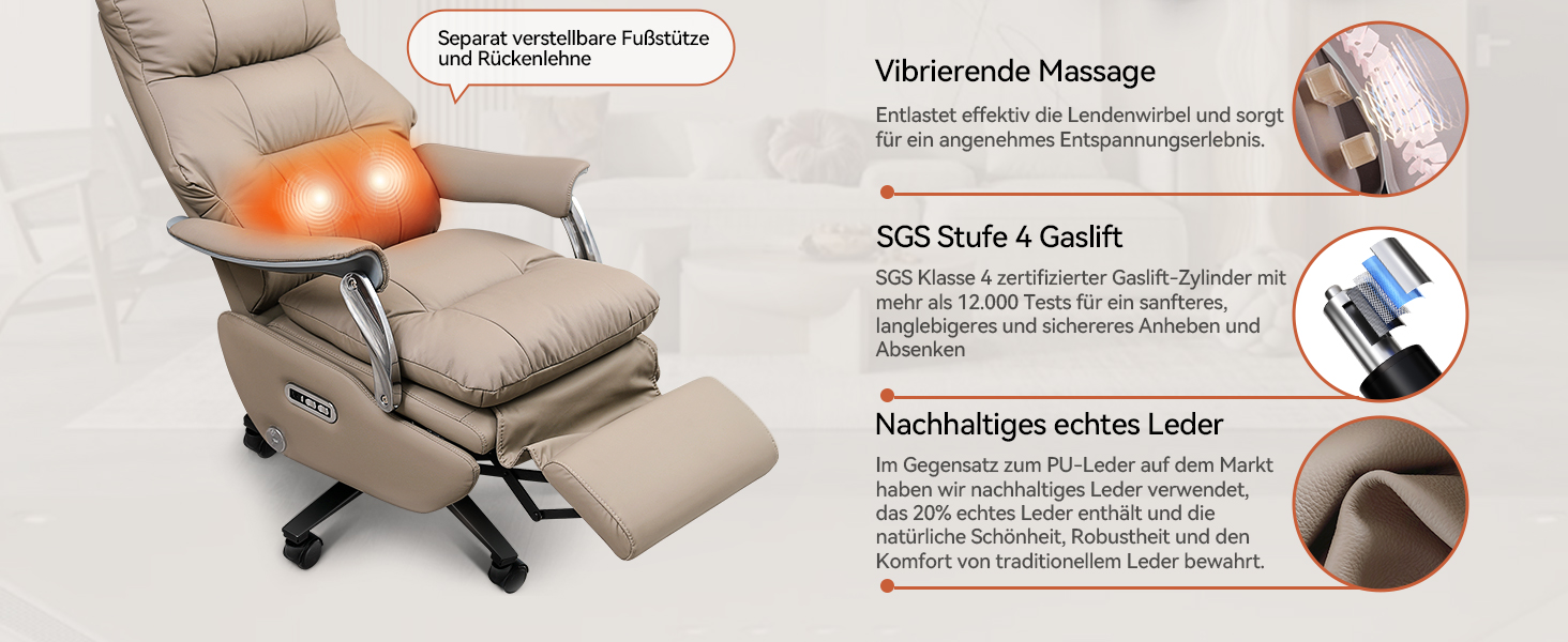 Крісло для офісу EMIAH з масажем, ергономічне електричне крісло з підніжкою, велике крісло для комп'ютера, крісло Zero Gravity, крісло-реклайнер для дому (Хакі), еко-шкіра