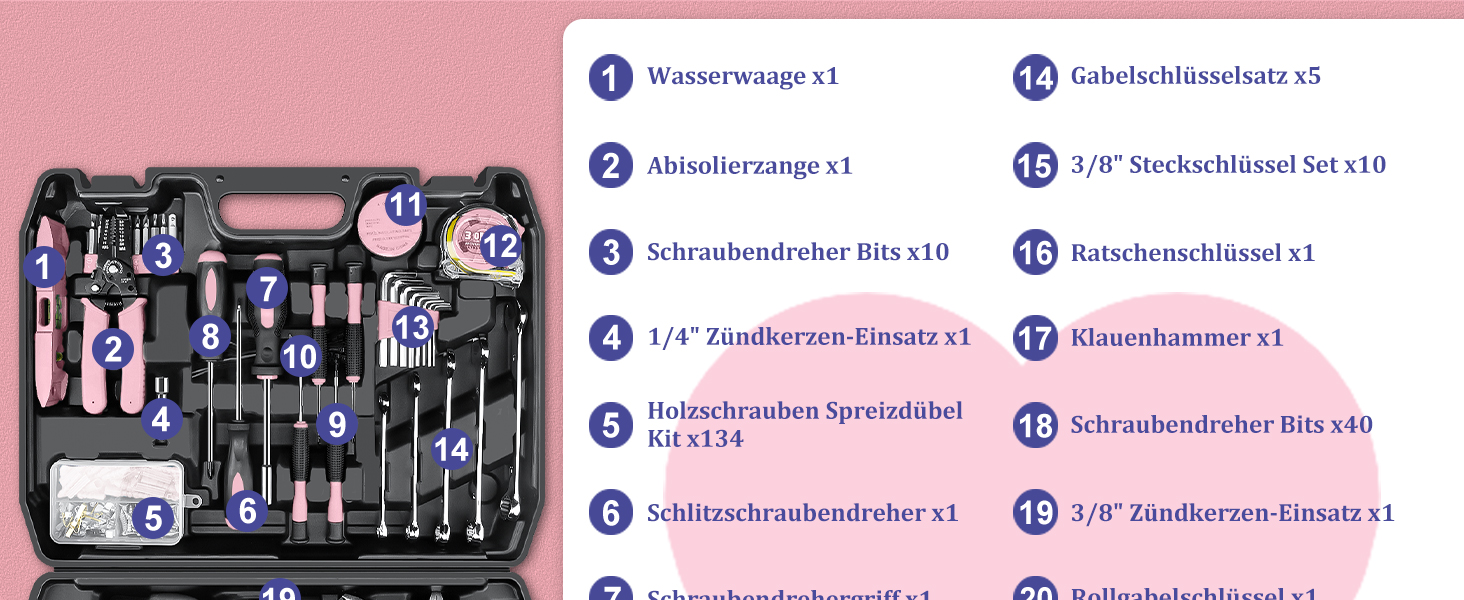 Набір інструментів Sundpey 281 предметів в кейсі рожевого кольору: набір гайкових ключів, викруток, шестигранників, плоскогубців