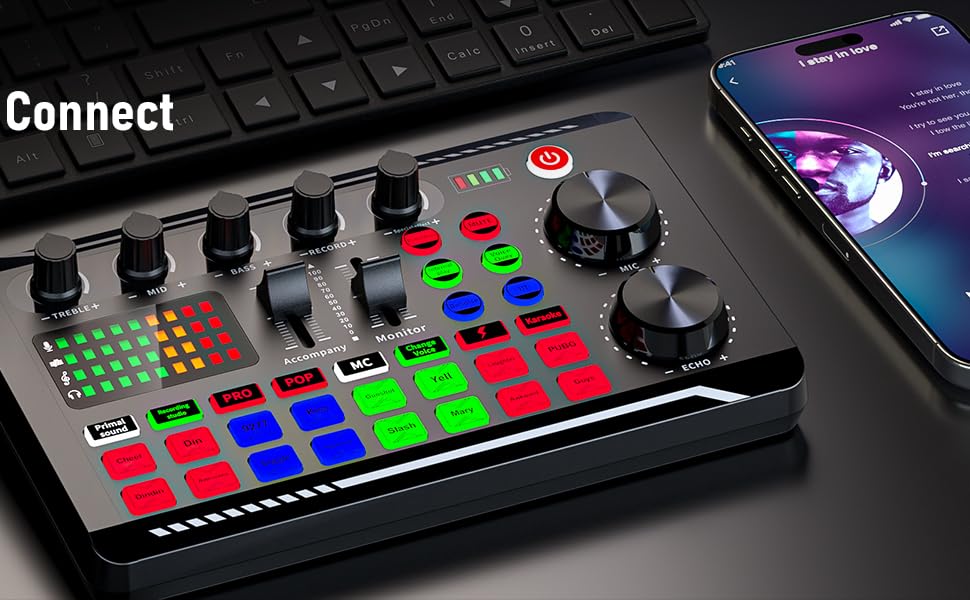 Звукова карта Facmogu F998 для стрімінгу, подкастів, YouTube, TikTok: аудіомікшер, DJ-ефекти, вокальний процесор + мікрофон BM800 зі стійкою