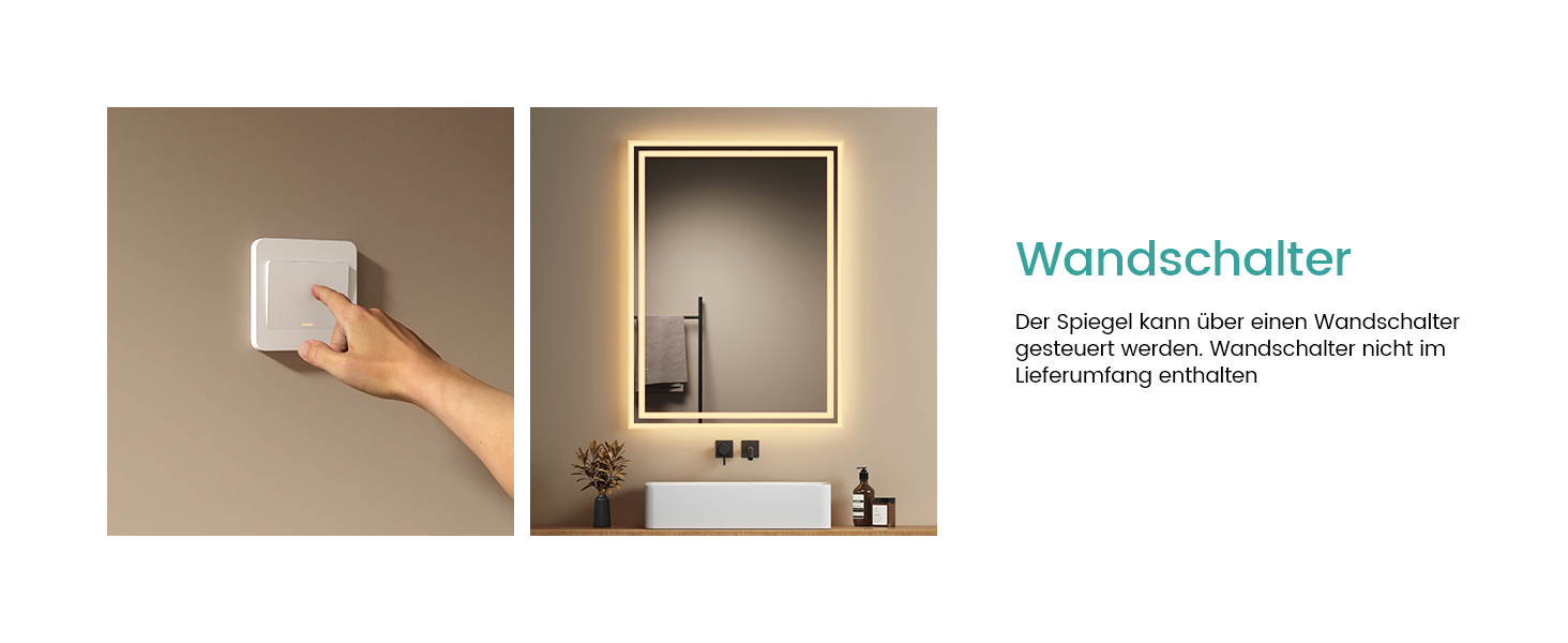 Дзеркало для ванної кімнати EMKE з підсвічуванням 120x60 см, тепле біле світло 3000K, вимикач, матовий бортик 2.70 x 50 см