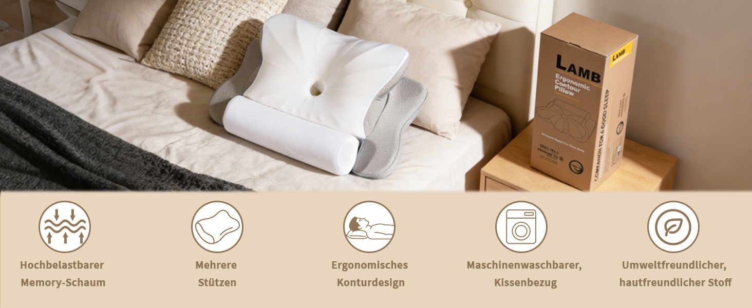 Подушка ортопедична з піною Memory Foam для сну на боці LAMB, 60x32 см, сіра - підтримка шиї та голови при болях у шиї