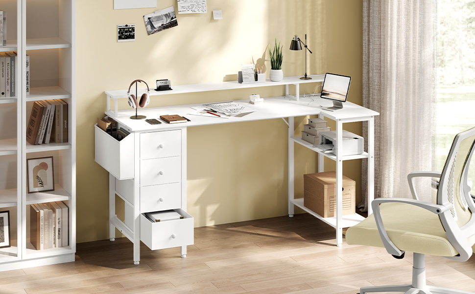 Кутовий стіл Yaheetech L-подібний з розетками, 120 x 68 см, білий. Ігровий стіл з кріпленням для монітора, 4 шухлядами, 2 полицями та кишенькою для зберігання. Для дому та офісу.