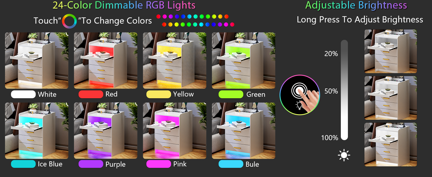 Набір тумбочок Lvifur з 2 шт. , світлодіод, 24 кольори, з можливістю затемнення, 3 шухляди, USB-C, сенсор, білий