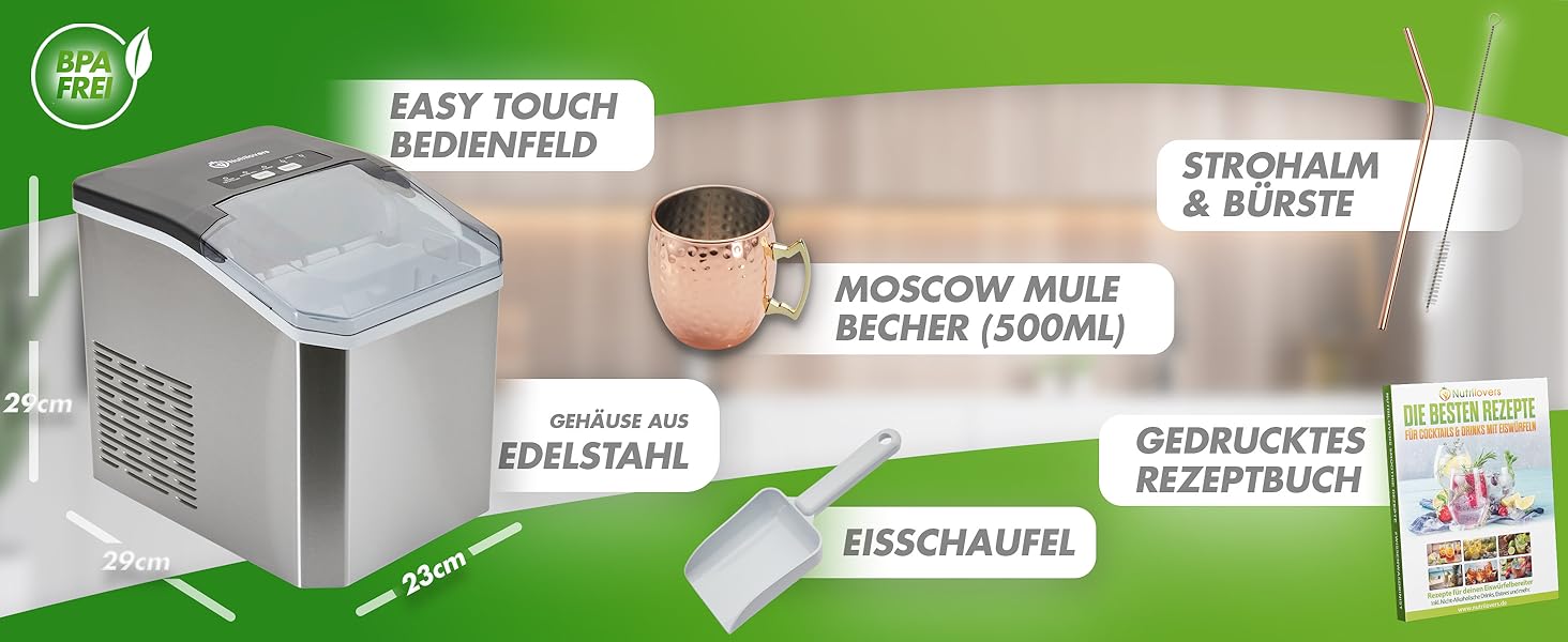 Машина для льоду Nutrilovers NUTRI-ICE MAKER з нержавіючої сталі: прозорий лід двох розмірів (S/L) + келих для Moscow Mule та кулінарна книга