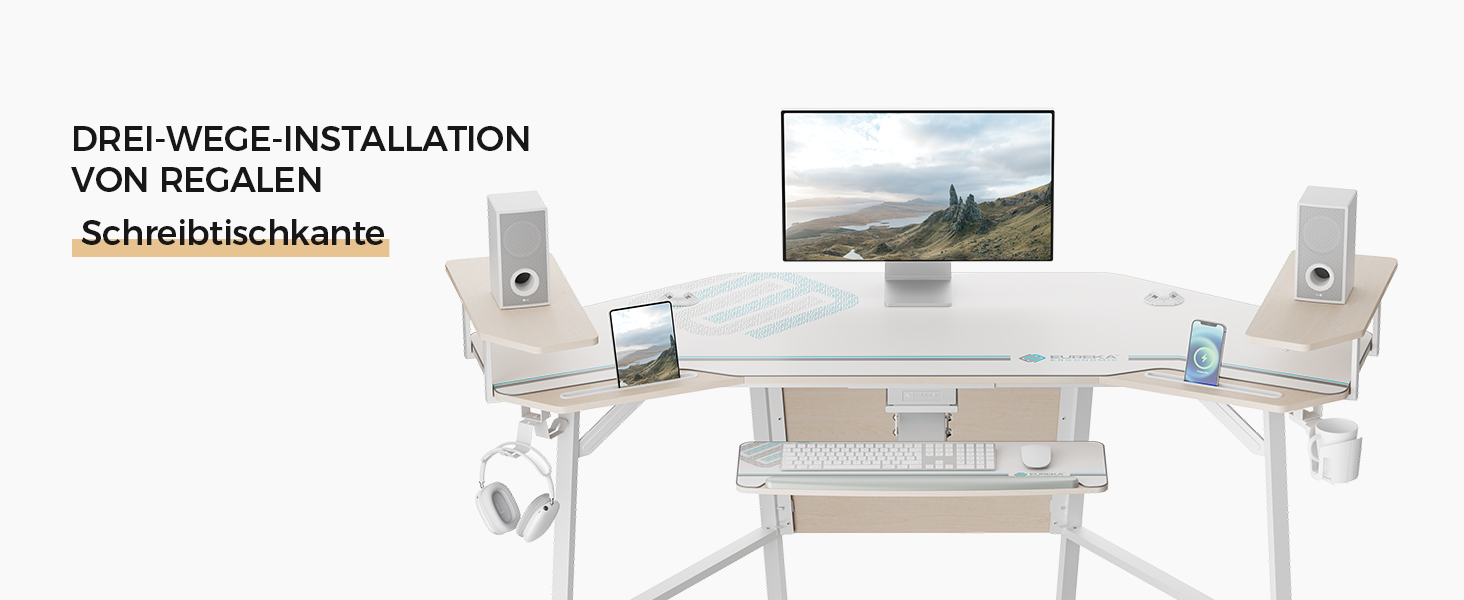 Ігровий стіл EUREKA ERGONOMIC 160x74 см з крилами, для ПК, з 2 відсіками для iPad, для дому, офісу, стрімінгу, білий акорн