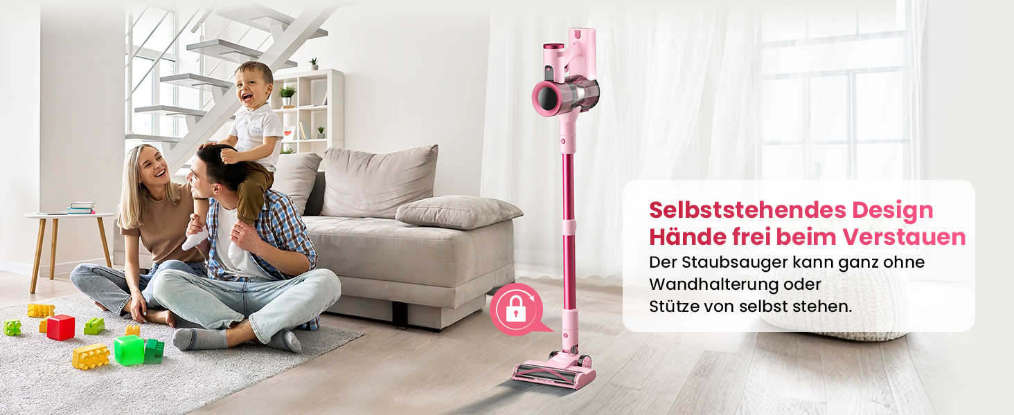 Акумуляторний пилосос Dzaki 50000 Па з дисплеєм, підставкою, довгою роботою та щіткою проти заплутування для килимів, твердих підлог, шерсті тварин, авто - помаранчево-рожевий