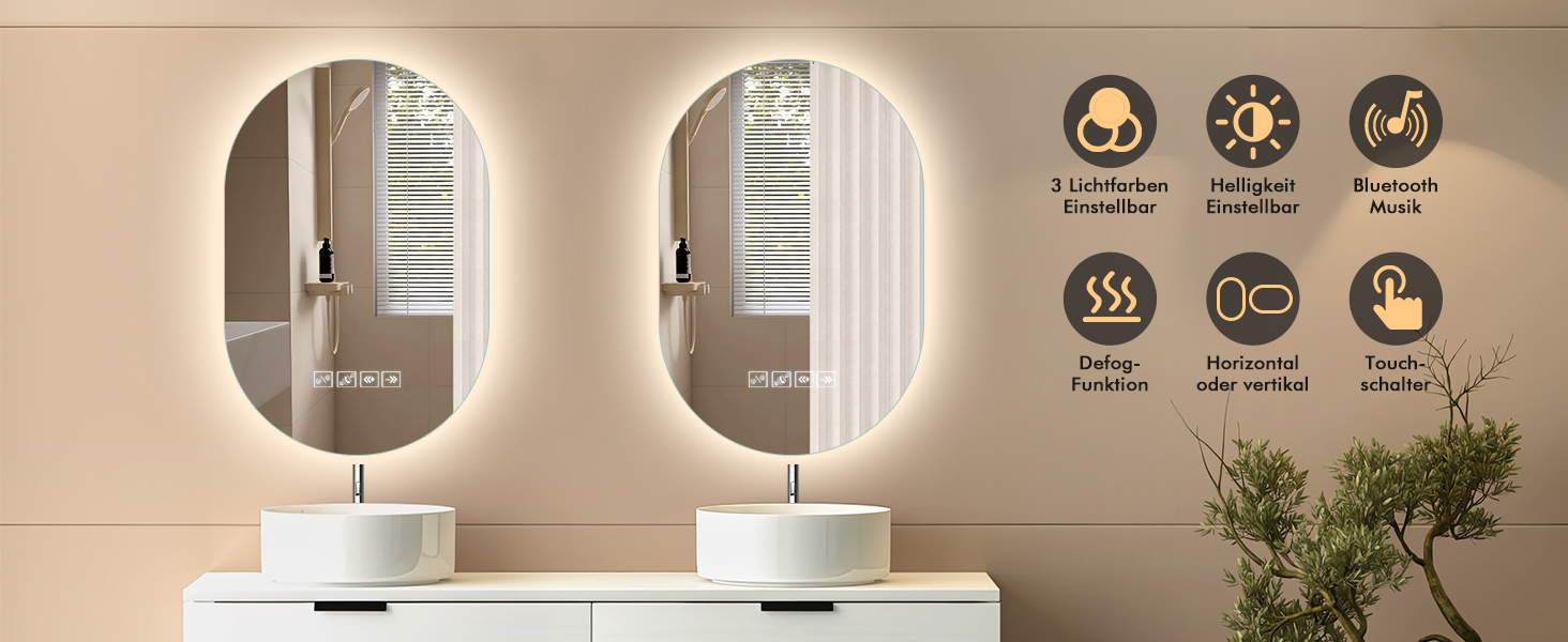 Дзеркало для ванної кімнати Sararoom з підсвічуванням, 600 мм, кругле LED дзеркало з підсвічуванням, дзеркало для ванної кімнати, 3 кольори світла, регулювання яскравості, загартоване скло, функція пам'яті, запобігання запотіванню (Bluetooth, 75 x 50 см)