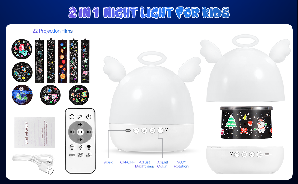 Проектор зоряного неба Diboniur для дітей з 22 фільмами, нічник-проектор, регульована яскравість, 360° обертання, 20 колискових