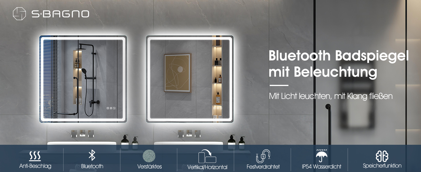 Дзеркало для ванної кімнати S'bagno з підсвічуванням Bluetooth 100x70 см, LED, антизапар, регулювання кольору, IP44
