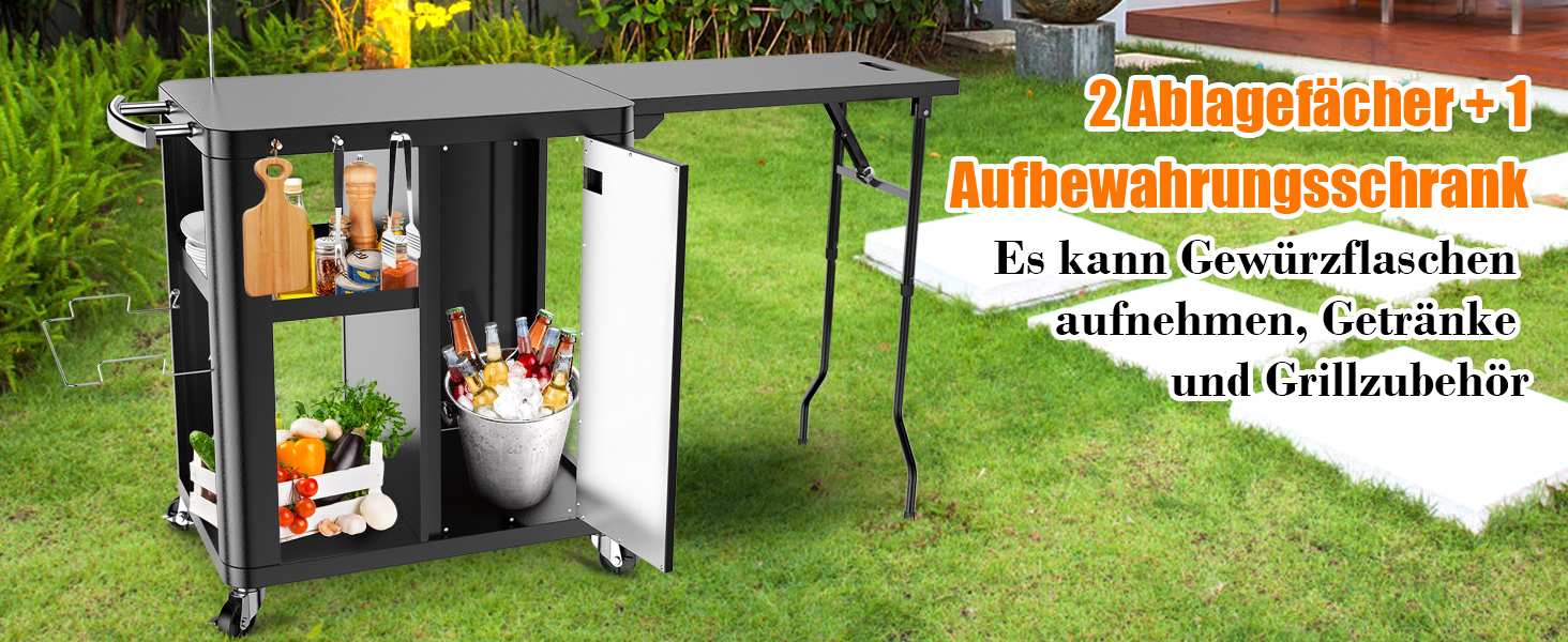 Гриль-возна Гриль-стіл з відкидним столиком, вулична кухня з гачками, полицею та шафкою, сервізний візок на колесах, чорний (143×37×89 см)