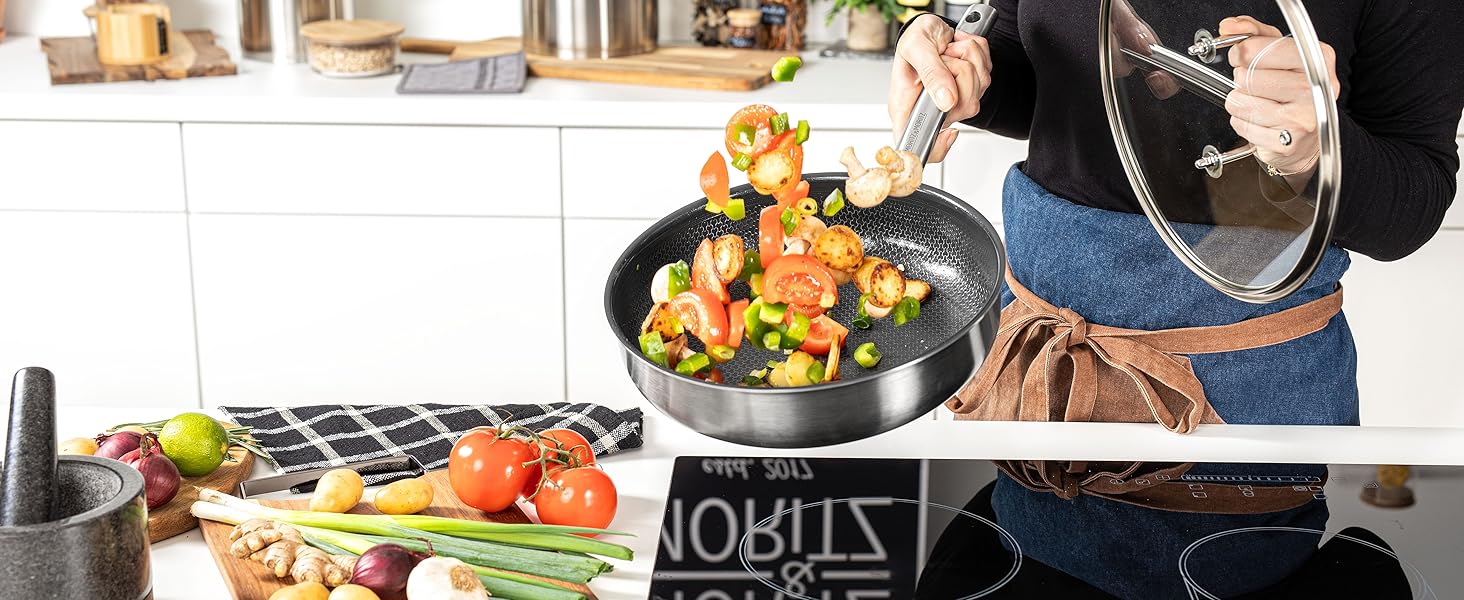 Сковорода з нержавіючої сталі Moritz & Moritz з кришкою 28 см з керамічним покриттям нового покоління - підходить для всіх типів плит - антипригарна сковорода з вафельною структурою для приготування, смаження та тушкування. Діаметр 28 см