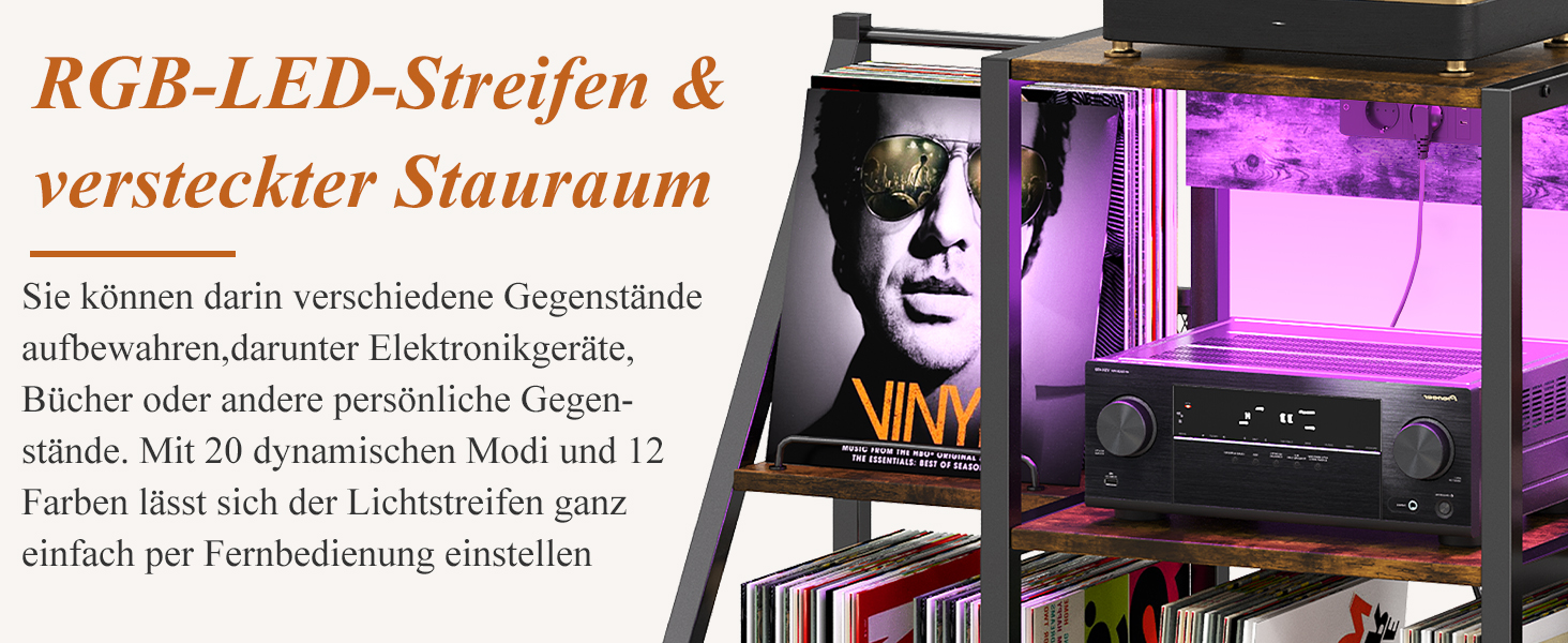Підставка для програвача вінтаж велика з розеткою та LED-підсвіткою, тримач для платів, полиця для вінілу на 300 альбомів, для вітальні, спальні