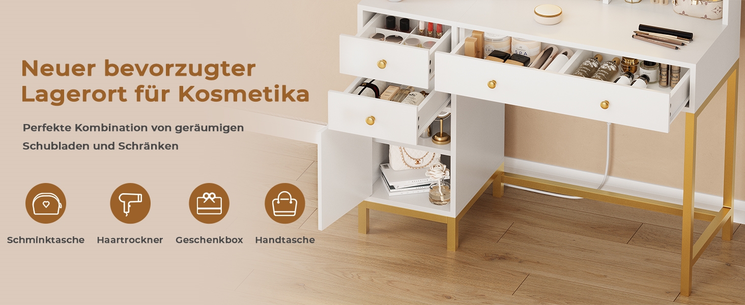 Трюмо AOGLLATI з розеткою, LED-підсвічуванням, регульованою яскравістю, шухлядами та полицями. Косметичний столик зі дзеркалом (білий)