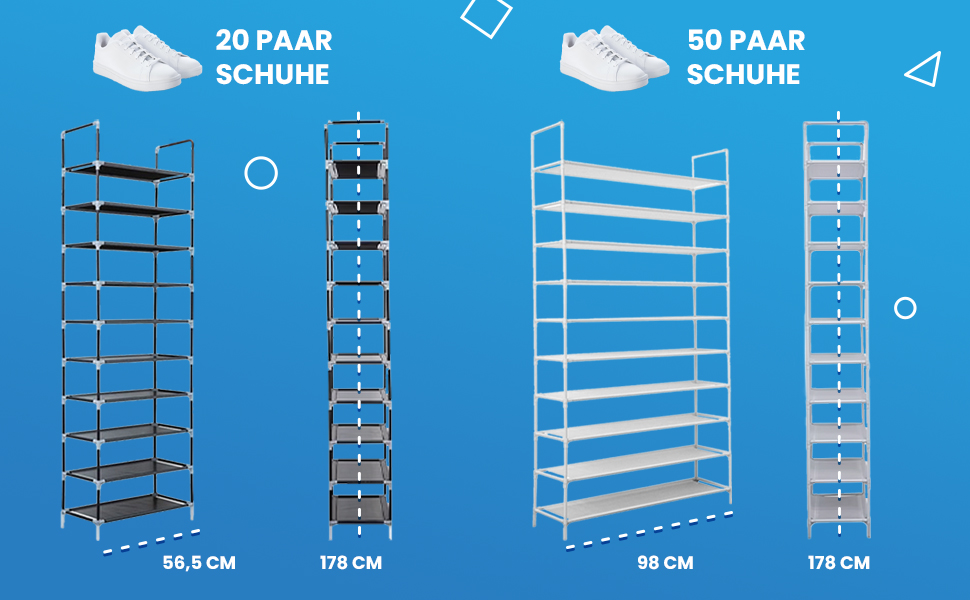 Підставка для взуття XXL - 50 пар взуття - 10 рівнів - 178x100x29,5 см - Регульована по висоті, водонепроникна