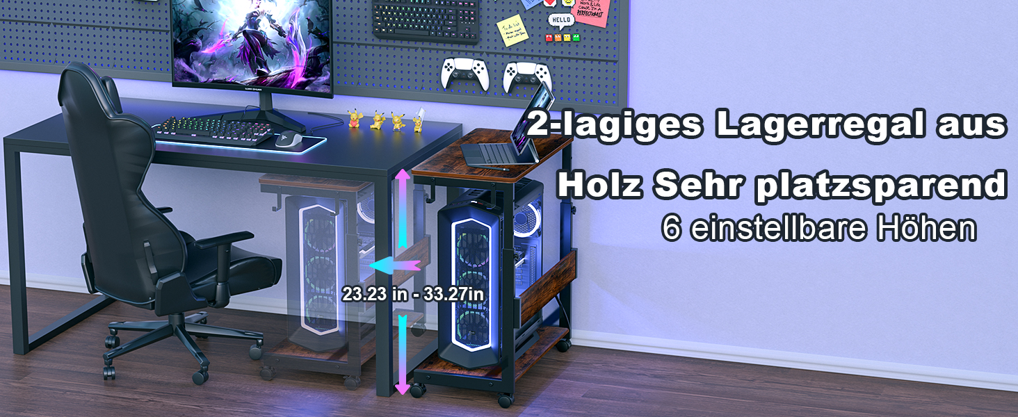 Регульована підставка для комп'ютерного блоку з 2 полицями та місцем для зберігання – для корпусів ATX, принтерів, з фіксуючими роликами (Темно-коричневий, B64 x T34 x H59-84,5cm)