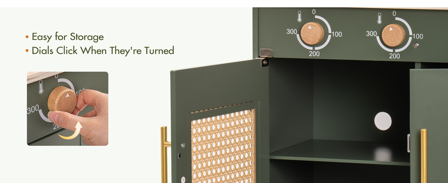 Дерев'яна дитяча кухня ROBOTIME Retro з аксесуарами, мікрохвильовка, диспенсер для льоду, шафка з ротангу, зелений колір, для дітей 3-8 років