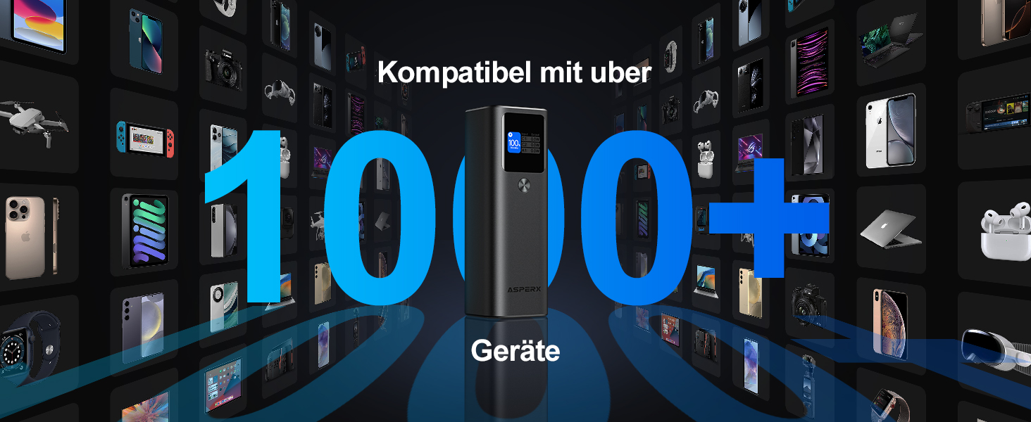 Power Bank AsperX 20000mAh, 165W, 2x USB-C 100W, Алюмінієвий Корпус, Вбудований Кабель 60см, TFT-Дисплей, для iPhone, MacBook, Samsung