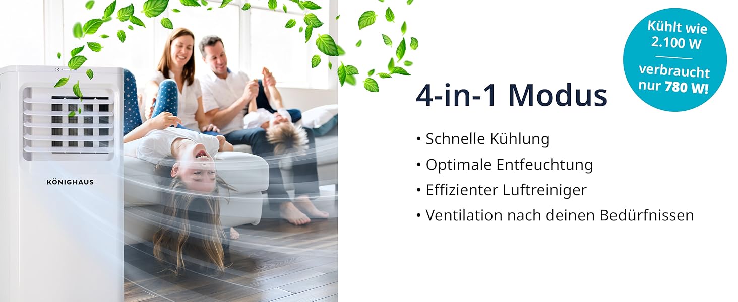 Мобільний кондиціонер Könighaus 7000 BTU для кімнат до 20 м²: 4-в-1 (охолодження, осушення, вентилятор, очищення повітря) з пультом та керуванням через додаток, енергоефективний (A)