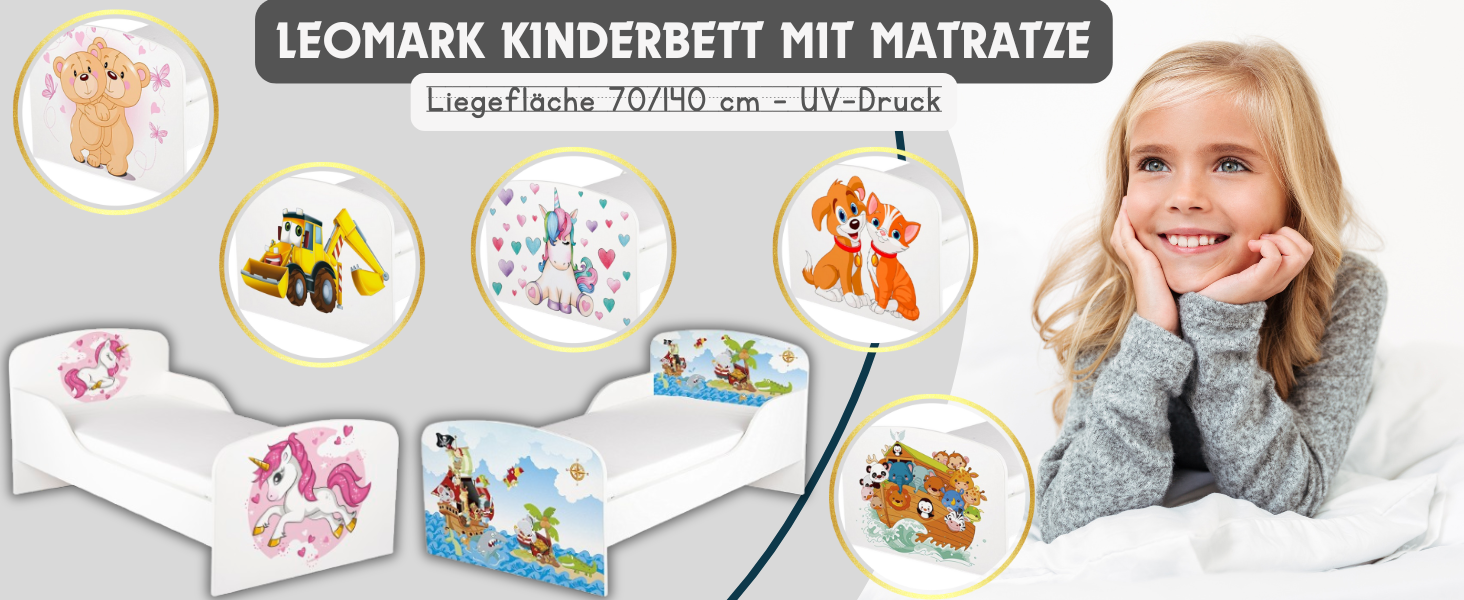 Дерев'яне ліжко Leomark Lovely Unicorn для дітей з матрацом, бортиками та ламелями, 70/140 см, з УФ-друком