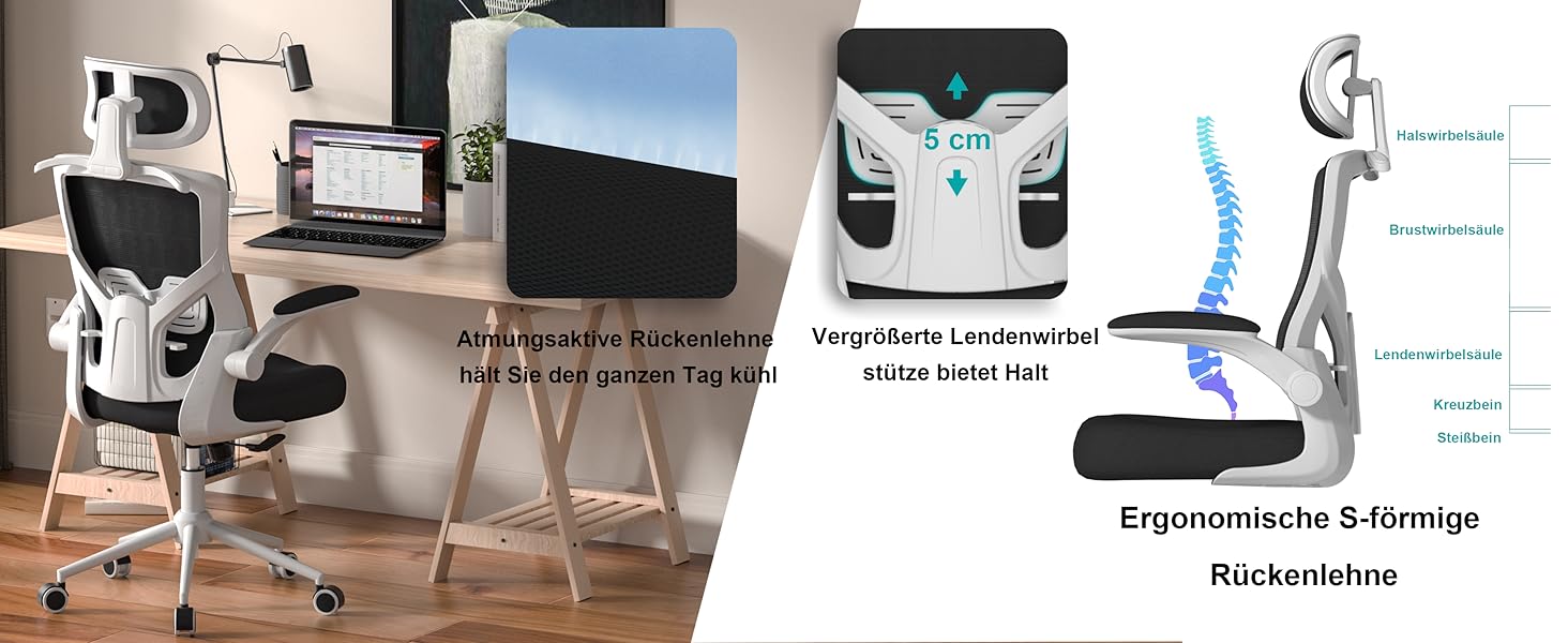 Ергономічне крісло для офісу з регульованою підголівником та поперековою підтримкою – високе офісне крісло з сітчастою спинкою та м'яким сидінням, вішалка для одягу та функцією блокування (Чорний колір з білим каркасом)