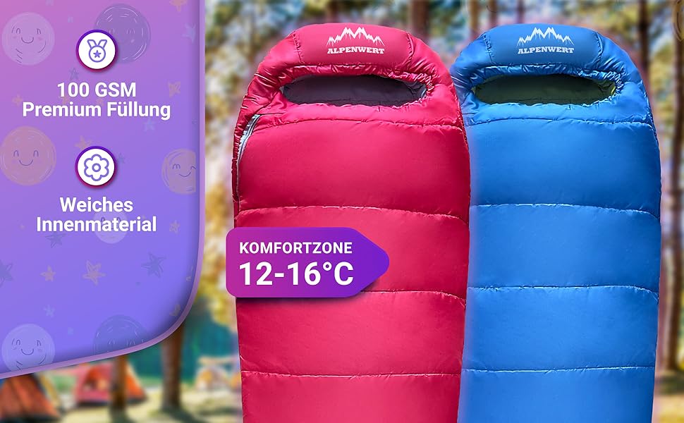 Дитячий літній спальний мішок ALPENWERT для дітей від 6 років (130–170 см), компактний мішок-кокон для кемпінгу та фестивалів, блакитний/неоново-жовтий